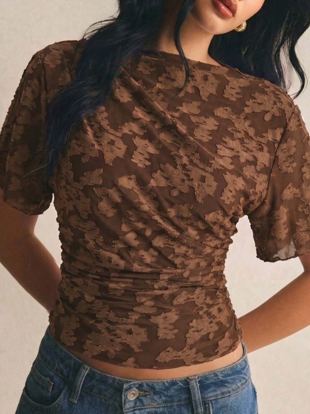 Brown Casual Women's Jacquard Pleated Elegant T-Shirt